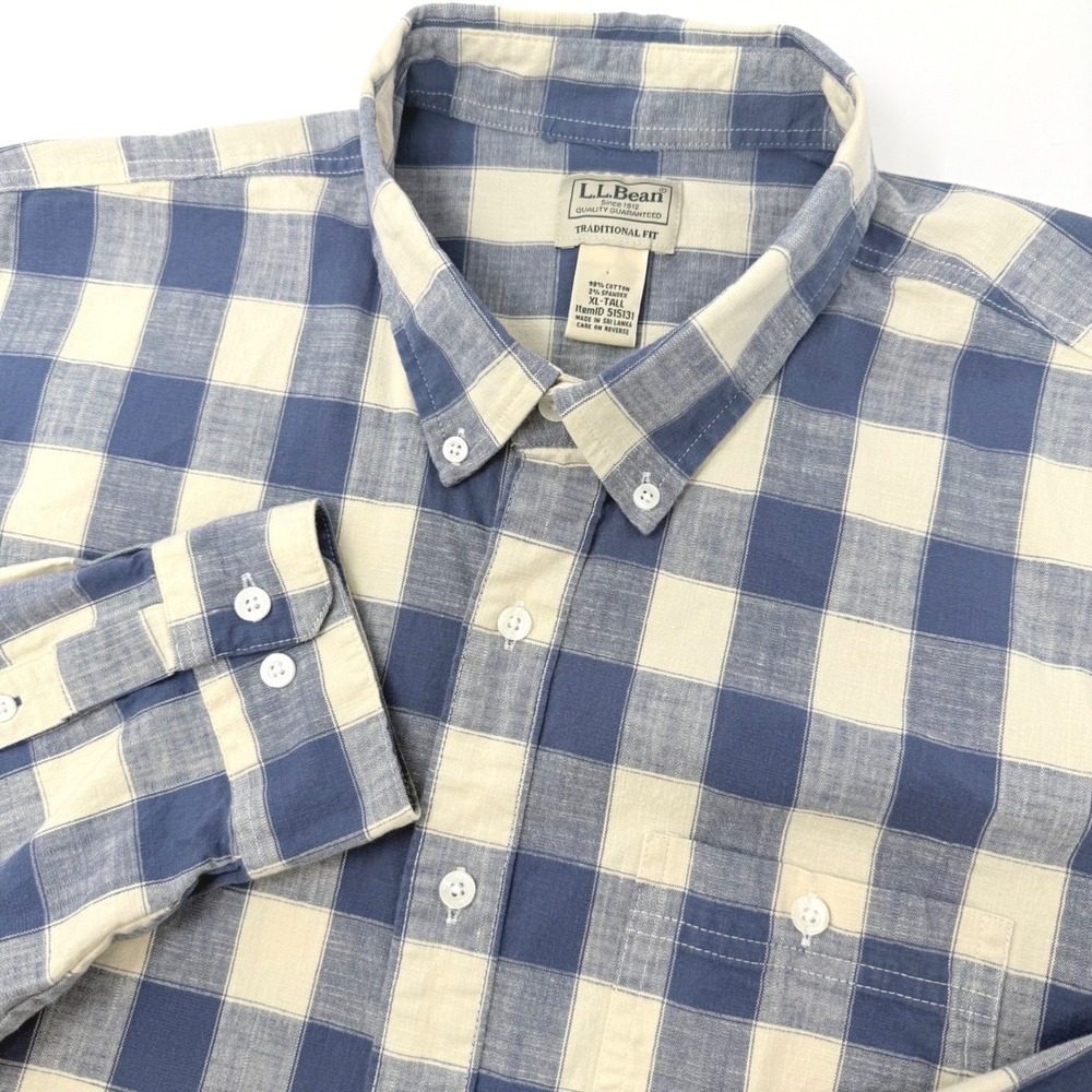 LL Bean Mens XL Tall Blue Buffalo Check Button Down Shirt Traditional Fit